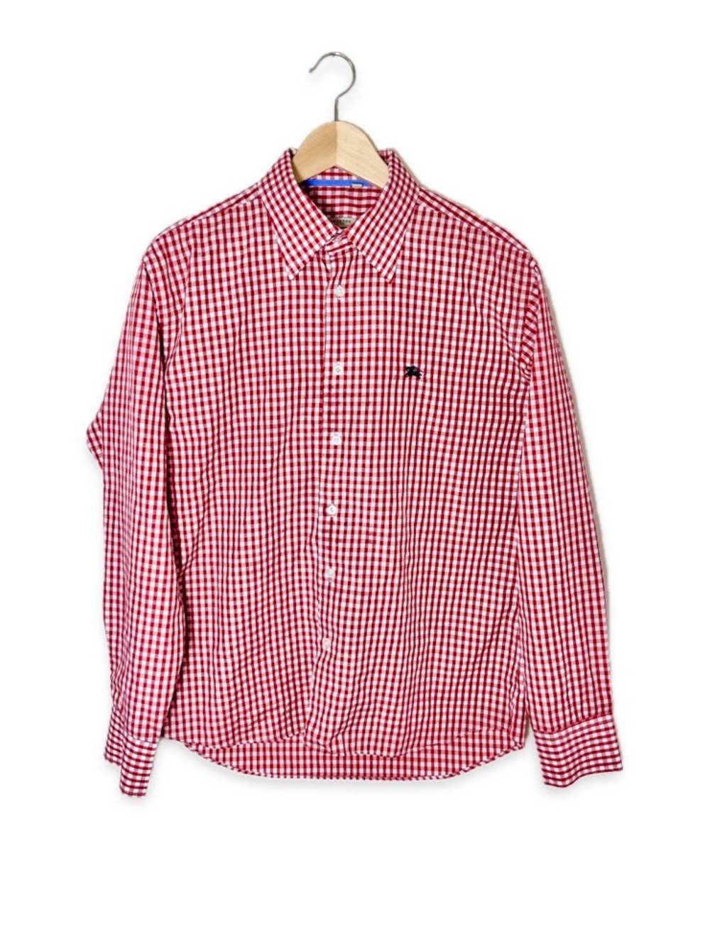 VTG Burberry London Red Gingham Check Shirt Equestrian Knight Logo 17 Neck 42